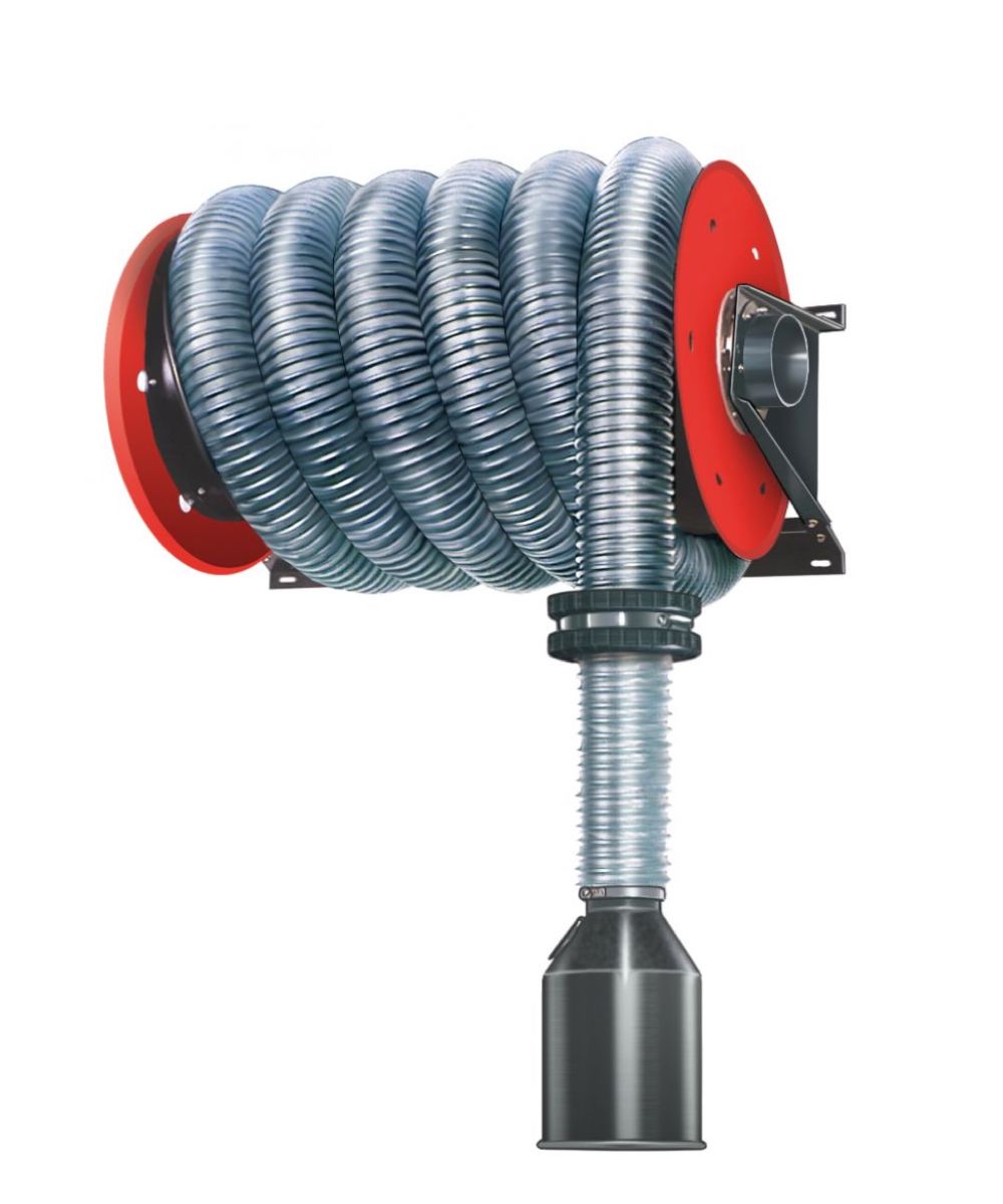 Product shot of the AerService ARH Hose Reel for vehicle exhaust fume extraction - shows a hose with nozzle on a reel